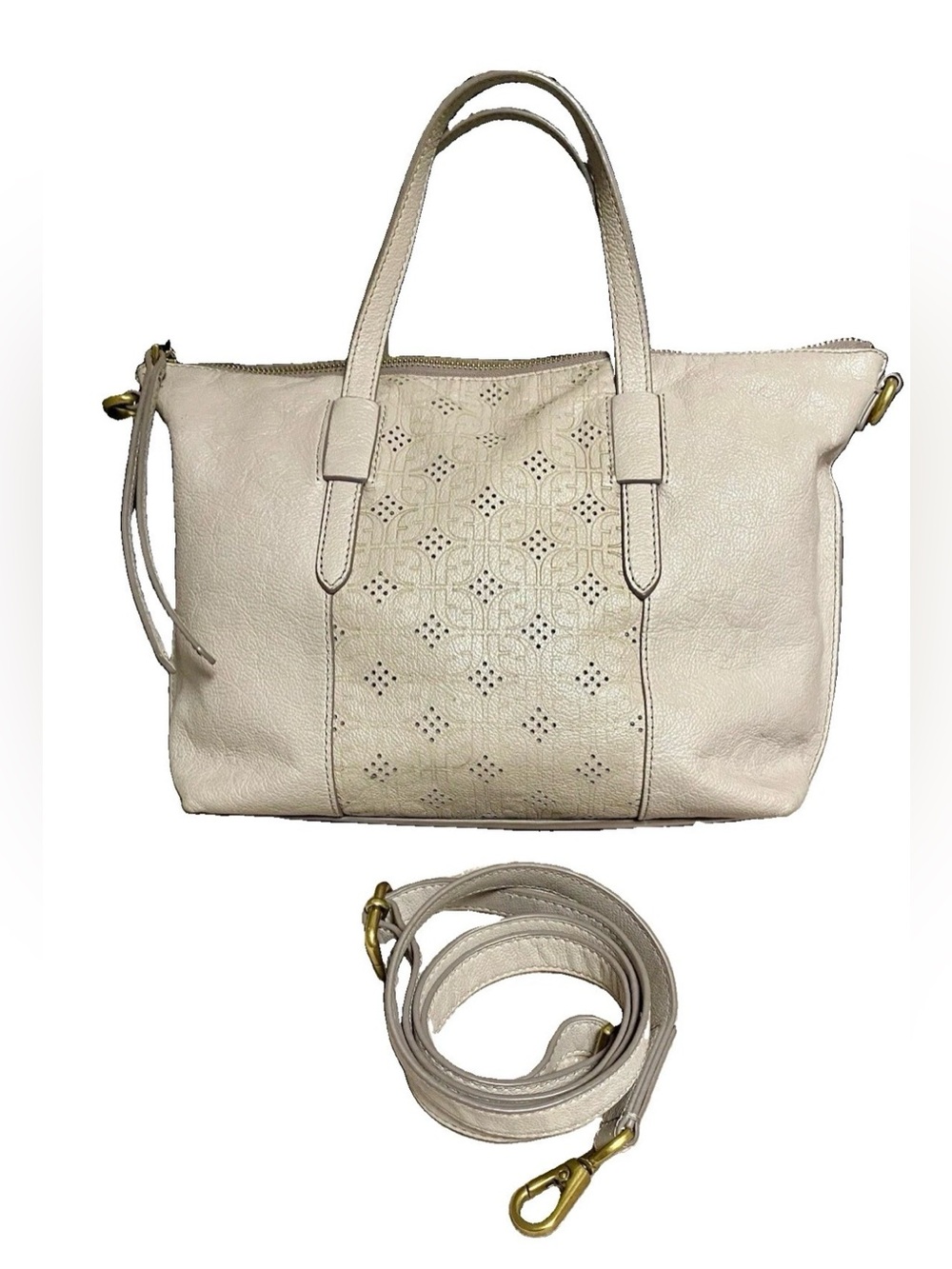 Fossil Skylar Leather Satchel Perforated Crossbody Handbag Light Taupe/Cream - Picture 3 of 5